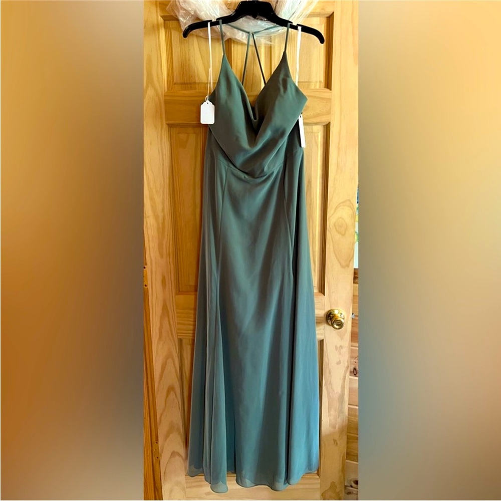 Jenny Yoo Sage Green Spaghetti Strap Cowl Neck Dress